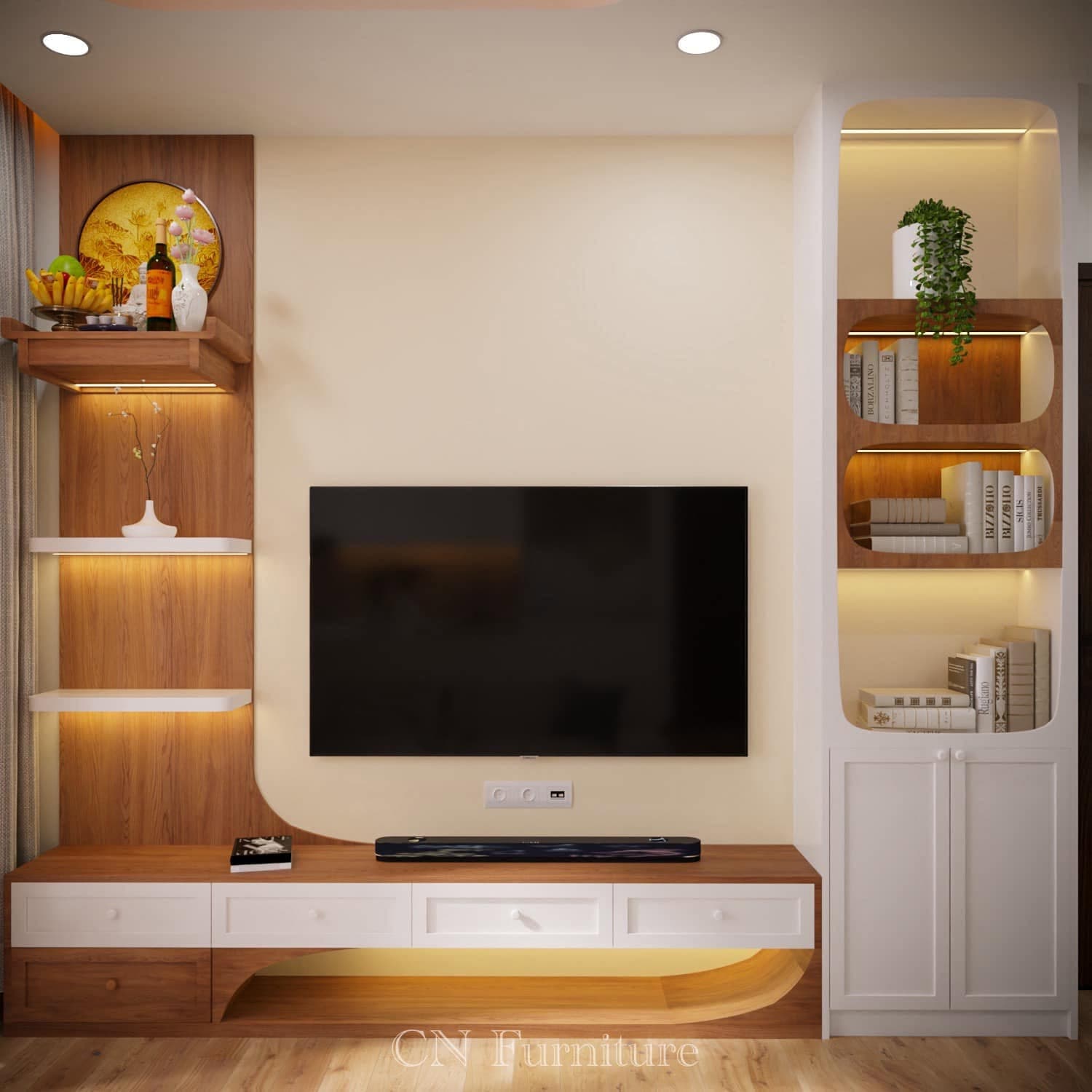 Chi tiết tủ lưu trữ gỗ sáng trong không gian sống CN Furniture