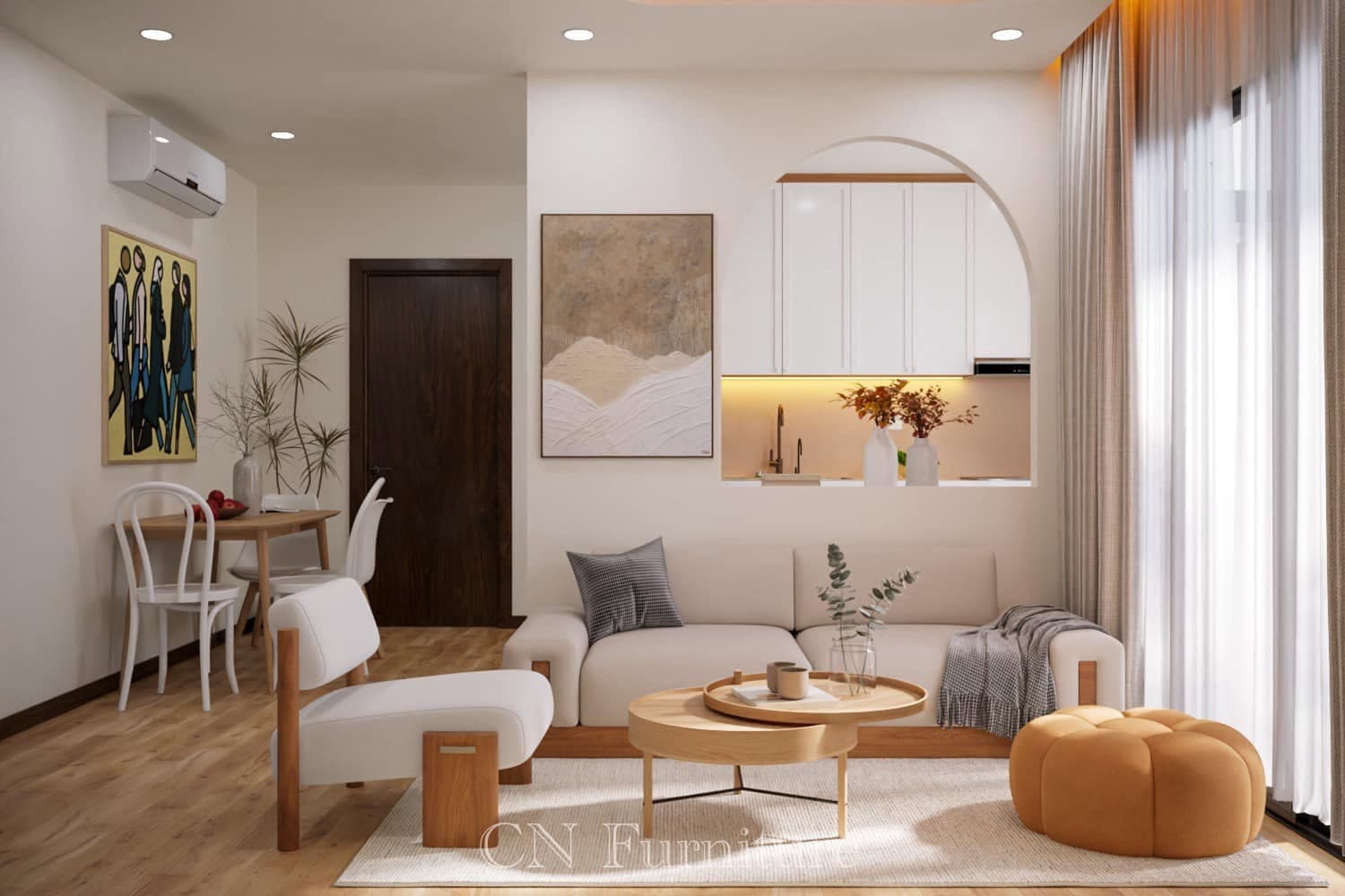 Phòng khách Scandinavian với nội thất gỗ sồi và ánh sáng tự nhiên
